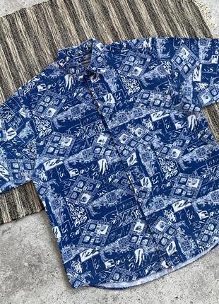 Vintage hawaiian shirt вінтаж чоловіча рубашка теніска з коротким рукавом гавайка синя з принтом сорочка мерч mambo розмір l2 фото