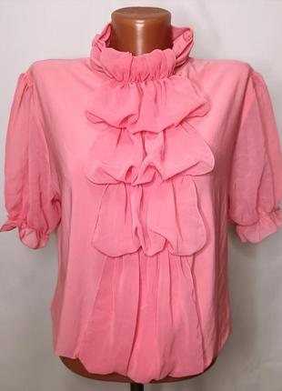 💥 блуза розовая с короткими рукавами-фонариками и жабо от demirkol collection1 фото