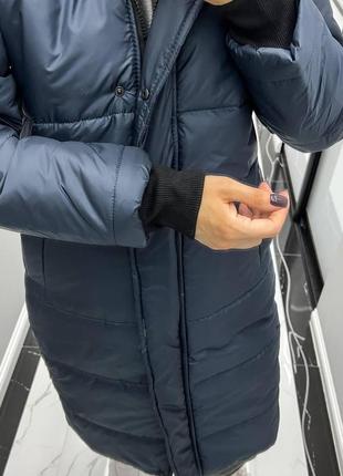 Куртка женская зимняя длинная с капюшоном синяя плащевка на синтепоне размер s, m, l | куртка зимняя плащевка3 фото