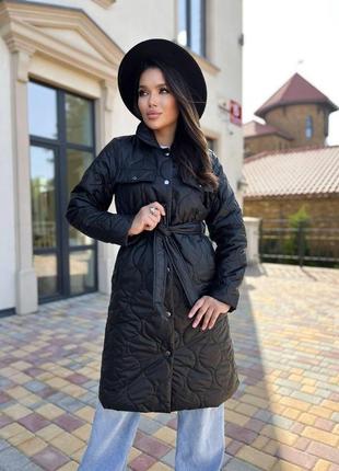 Стеганое пальто женское демисезонное на кнопках черное с поясом xs-s, m-l, xl-2xl | весеннее пальто стеганое