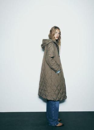 Длинное стеганое хаки пальто zara new4 фото