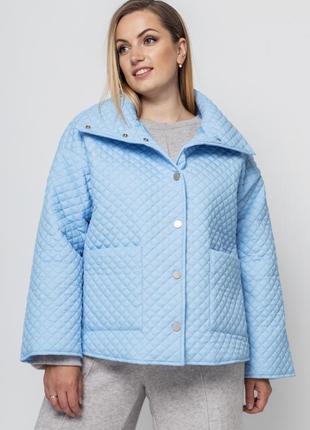 Осіння блакитна куртка на кнопках,  утеплена синтепухом, великих розмірів від 50 до 58