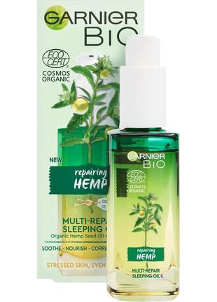 Нічна відновлювальна олія для чутливої шкіри обличчя garnier bio repairing hemp з ефірною олією коноплі, 30 мл