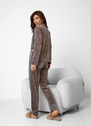 Розкішна піжама костюм для дому сну будинку на ґудзиках  плюш велюр шоколад сорочка штани4 фото