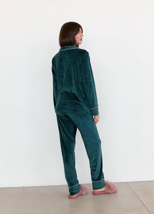 Плюш велюр пижама костюм для дома сна дома пижама изумруд плюшевая рубашка на пуговицах брюки тепла приятная к телу4 фото