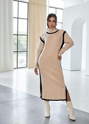 Сукня жіноча тепла в'язана сукня пряма сукня вирізи з боків трикотажна сукня міді спущений рукав2 фото
