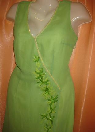 Легкий шифоновый зеленый сарафан платье длинное миди за колени, шифон с вышивкой бисером inwear8 фото