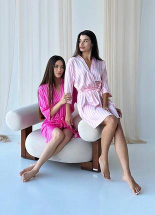 Халат женский сатин по колено в полоску кимоно 2 цвета рукав 3/4