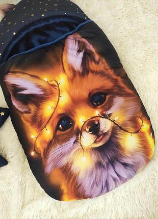 Комплект для новорожденных комбинезон + конверт спальник, синий принт лисица