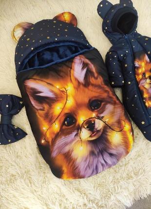 Комплект для новорожденных комбинезон + конверт спальник, синий принт лисица