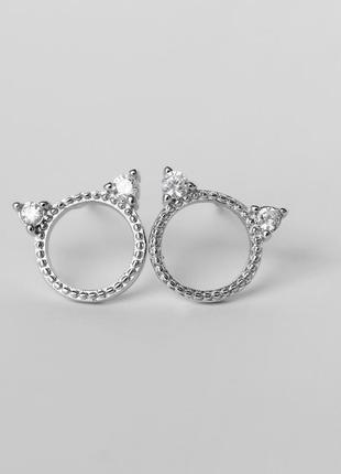 Сережки-гвоздики котики з вушками з каміння, сережки в стилі мінімалізм, срібне покриття 925 проби