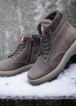 Кожаные зимние мужские ботинки молния высокие шерсть для суровых условий