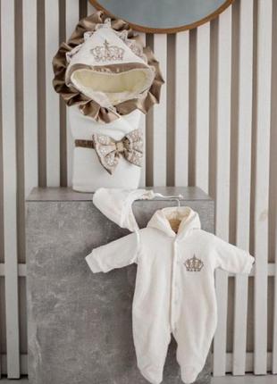 Зимовий велюровий комплект "чарівність" для новонароджених, молочний + золотий