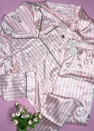 Шикарна сатинова піжама сорочка + штани victoria's secret вікторія сікрет в смужку в полоску vs пижа5 фото