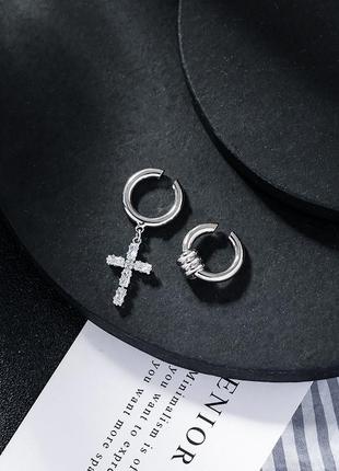 Кафи 2 шт хрест з камінням, асиметричні сережки без проколу на хрящ, срібне покриття 925 проби8 фото