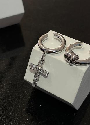 Кафи 2 шт хрест з камінням, асиметричні сережки без проколу на хрящ, срібне покриття 925 проби4 фото