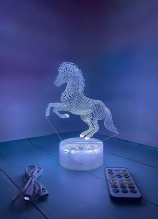 3d лампа бегущая лошадь, подарок для любителей конного спорта , светильник или ночник, 7 цветов и пульт1 фото