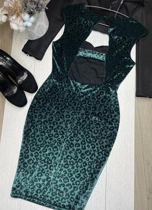 Изумрудное коктейльное платье из велюра с леопардовым тиснением2 фото