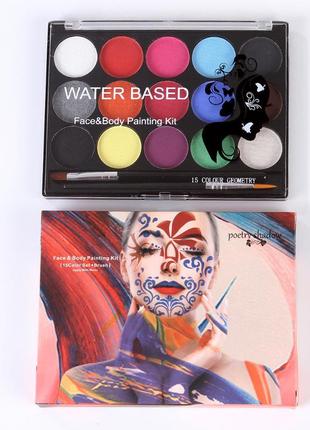 Аквагрим на водной основе, набор для грима 15 цветов + 2 кисточки2 фото