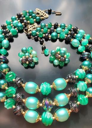 Зелено-черного тона ожерелья и серьги-клипсы, гонконг2 фото