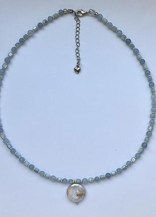 Намисто з аквамарину, перламутру та перлини2 фото