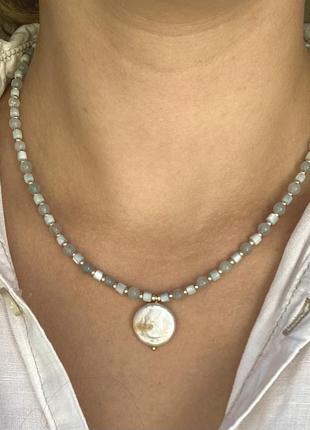 Намисто з аквамарину, перламутру та перлини4 фото