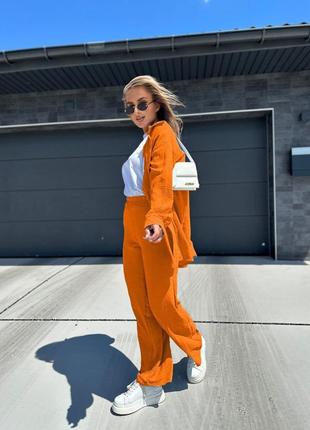 Костюм женский однонтонный оверсайз рубашка на пуговицах брюки свободного кроя на высокой посадке качественный, стильный базовый оранжевый5 фото