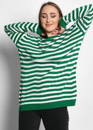 Свободный женский джемпер oversize в полоску (полосатый свитер оверсайз) зеленый 44-48р2 фото