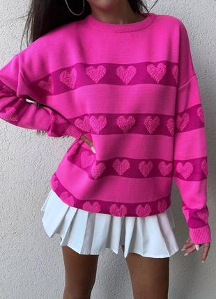 Яркий вязаный свитер с принтом сердечко шерстяной акриловый свободного прямого кроя8 фото