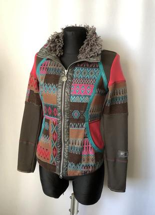 Sportalm кофта флиска лыжная этно бохо узор пэчворк меховой воротник