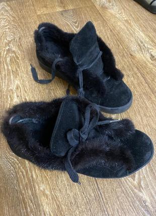 Женские черные зимние лоферы замшевые с мехом норки 38 ботинки3 фото