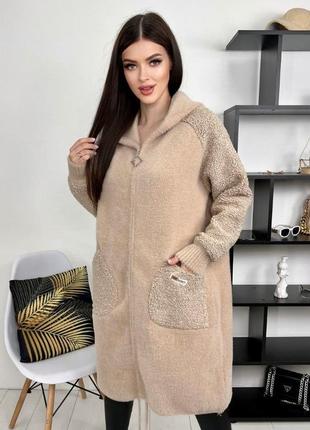 Куртка альпака капюшон пальто теді хутро барашек комір куртка светр накладні кишені змійка комір тедді демисезонна коротка манжет довга подовжена2 фото