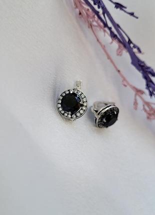 Срібні сережки (пара) сережки вставка круг з великим чорним каменем чорнене срібло 925 21090 3.10г2 фото