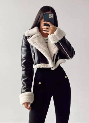 Коричневая кожаная дубленка zara- s,m. куртка авиатор укороченая,косуха