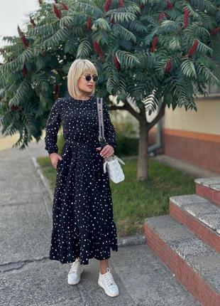 Платье миди принт длинный подпояс длинный рукав легкий свободный прямой разрез трапеция горошек цветочный принт цветы горошек горох макси длинной