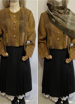 Австрия винтажный винтаж укороченная куртка льняной пиджак жакет укороченного фасона с кожаными вставками