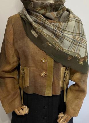 Австрія вінтажна вінтаж укорочена куртка лляний піджак жакет укороченого фасону з шкіряними вставками3 фото