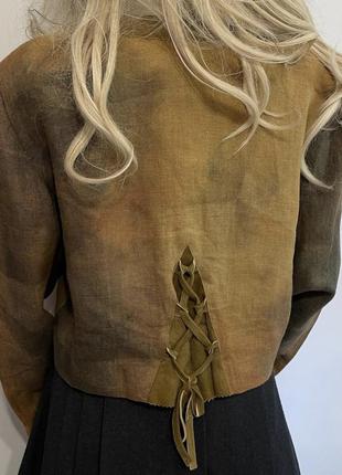 Австрия винтажный винтаж укороченная куртка льняной пиджак жакет укороченного фасона с кожаными вставками6 фото