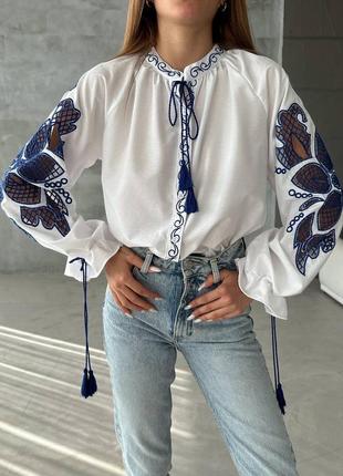 Блузка блуза комір сорочка вишита вишиванка бавовна квіти вільна широкий довгий рукав накидка3 фото