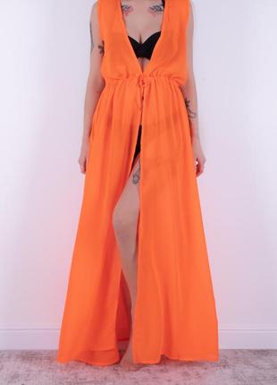 Женское парео пляжная накидка халат из шифона оранжевое неон1 фото