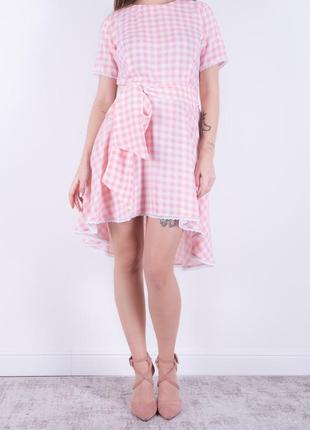 Женское летнее розовое платье  в клетку барби размеры 42,445 фото