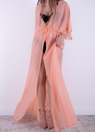 Женское парео пляжная накидка халат из шифона персиковое