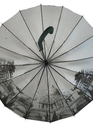 Жіноча парасоля-тростина з містами на сріблястому напиленні під куполом, зелений, 01011-88 фото