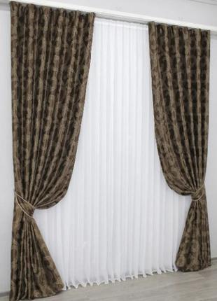 Комплект готових штор (2 шт. 1,5х2,8м) з тканини блекаут-софт "дамаск". колір коричневий3 фото