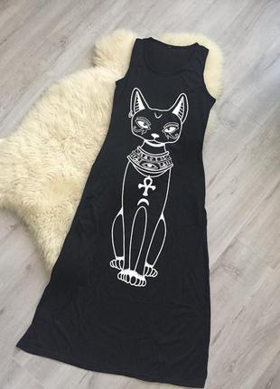 Довге чорне літнє плаття з єгипетської кішкою2 фото