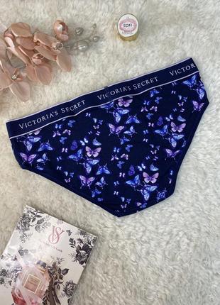 Трусики бикини victoria's secret хлопок s m  с лого поясом синие в бабочках   виктория сикрет3 фото