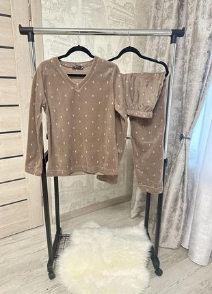 Беж мокко тепла флісова піжама/домашній костюм кофта і штани 42-48