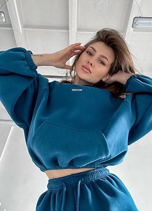 Спортивный костюм на флисе, брюки и худи с накладными карманами