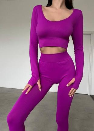 Бесшовный костюм bright для спорта, фитнеса, бега, йоги push up (рашгард, леггинсы), фиолетовая фуксия