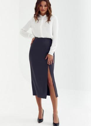 Серая соблазнительная юбка в деловом стиле для офиса с разрезом миди ниже колен длинная макси из костюмной ткани